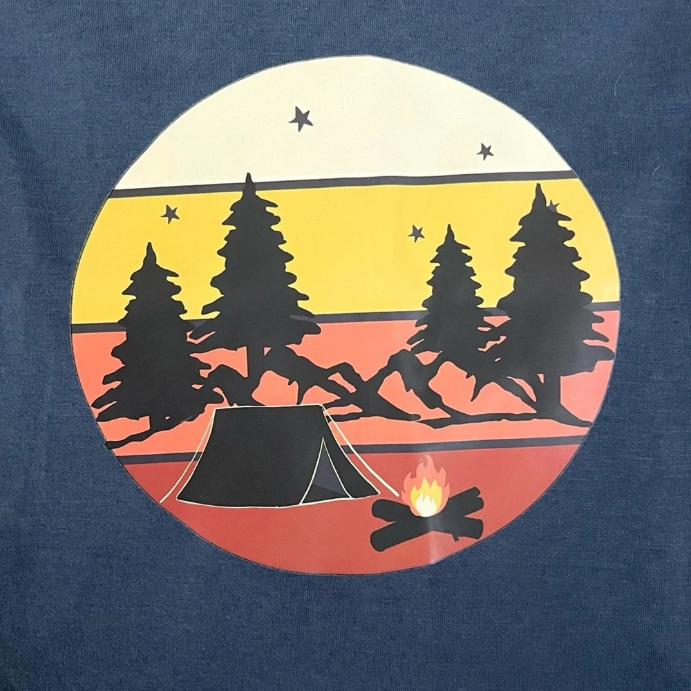 Frisco by Chewy | Dog Camping Graphic Tee | Size Medium, Steel Blue/Rust